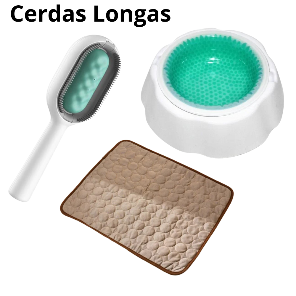 Kit Refrescância Tapete Gelado Médio + Tigela Gelada + Escova Multifuncional para Pets