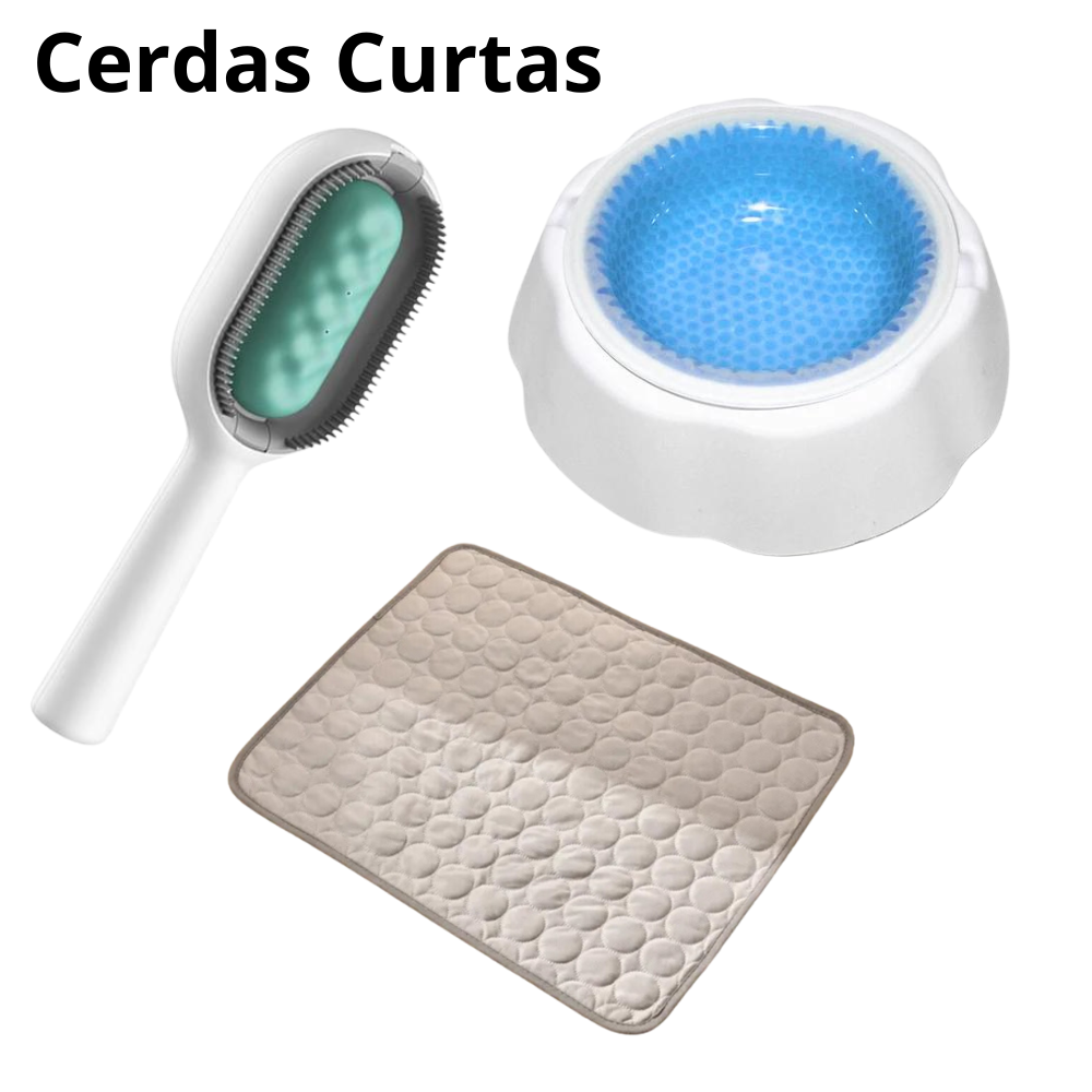 Kit Refrescância Tapete Gelado Médio + Tigela Gelada + Escova Multifuncional para Pets