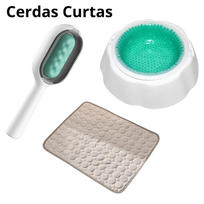 Kit Refrescância Tapete Gelado Médio + Tigela Gelada + Escova Multifuncional para Pets