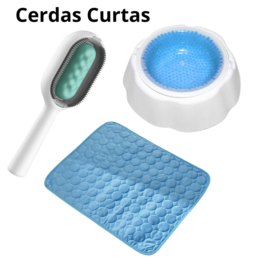 Kit Refrescância Tapete Gelado Médio + Tigela Gelada + Escova Multifuncional para Pets