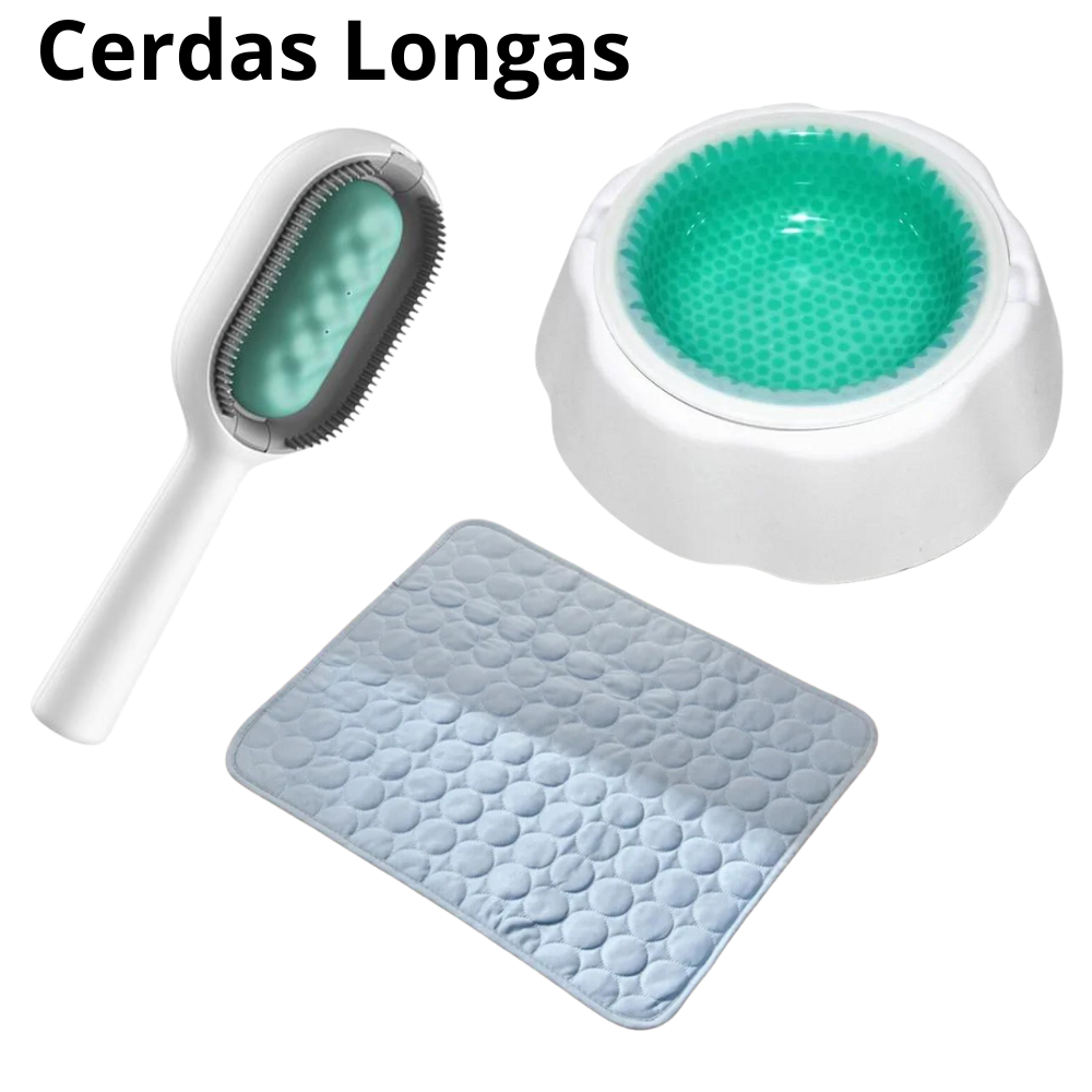 Kit Refrescância Tapete Gelado Médio + Tigela Gelada + Escova Multifuncional para Pets